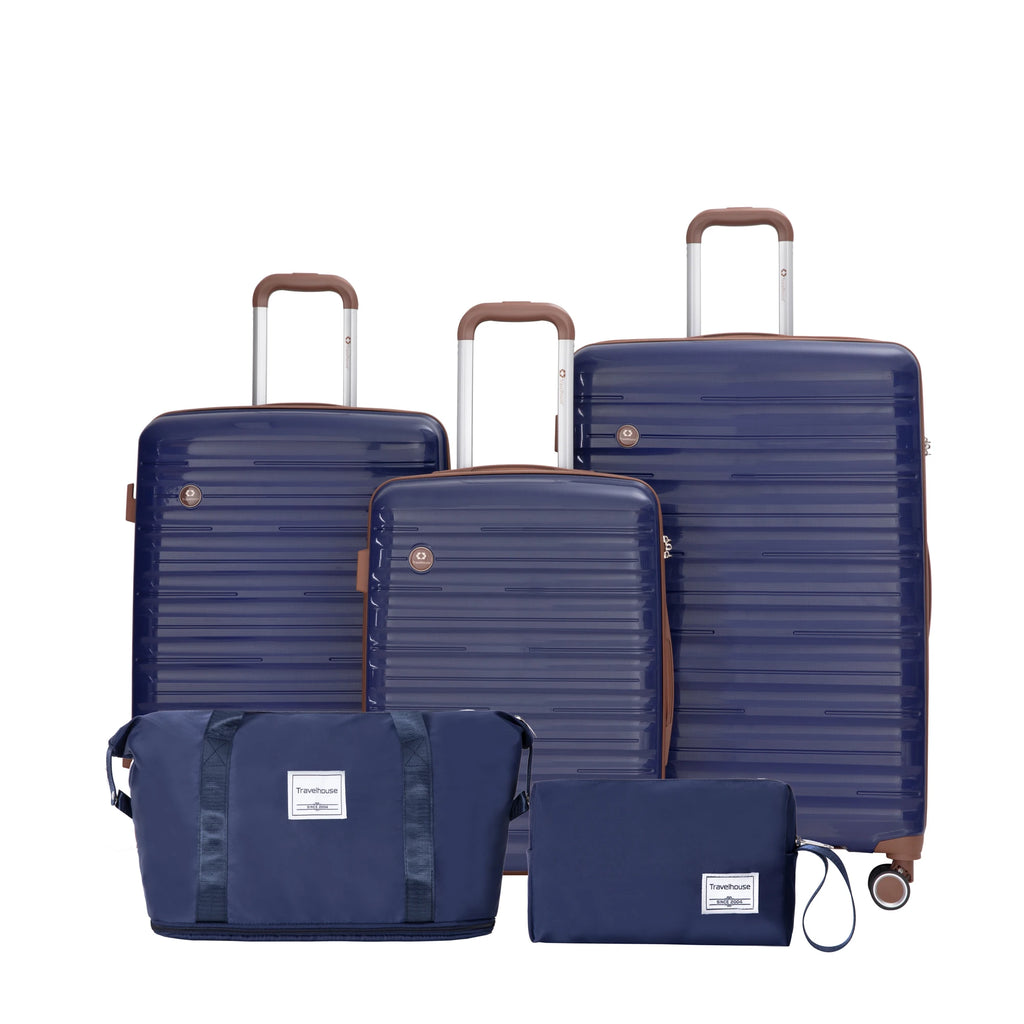 Travelhouse 5-piece luggage set by Nova Mart with TSA locks and spinner wheels, featuring sleek, durable suitcases for travel.