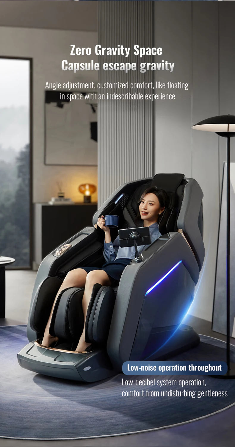 Nova Mart 4D Zero Gravity Massage Chair with voice control and Bluetooth, featuring a sleek design and padded armrests.