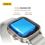 Realme Watch 5 smart watch with 1.97-inch AMOLED display, GPS, and IP68 water resistance, showcasing the device on a wrist.