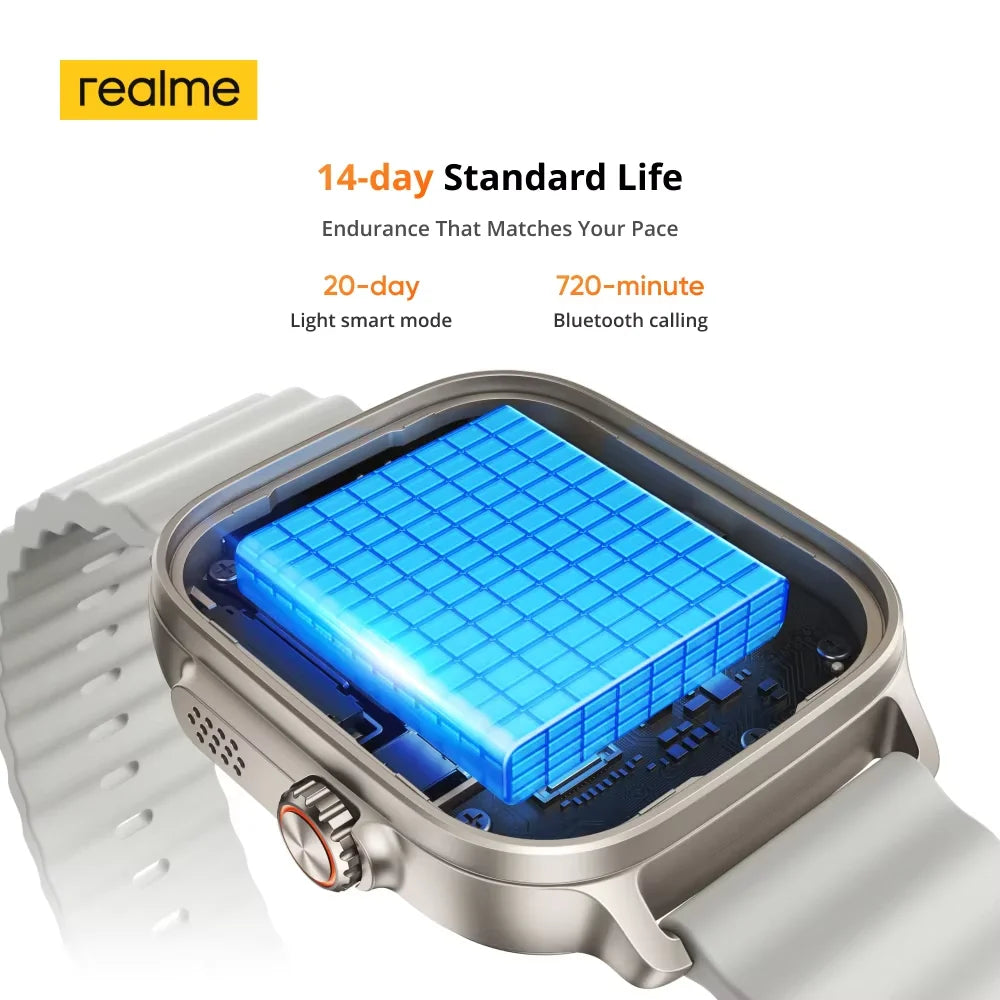 Realme Watch 5 smart watch with 1.97-inch AMOLED display, GPS, and IP68 water resistance, showcasing the device on a wrist.