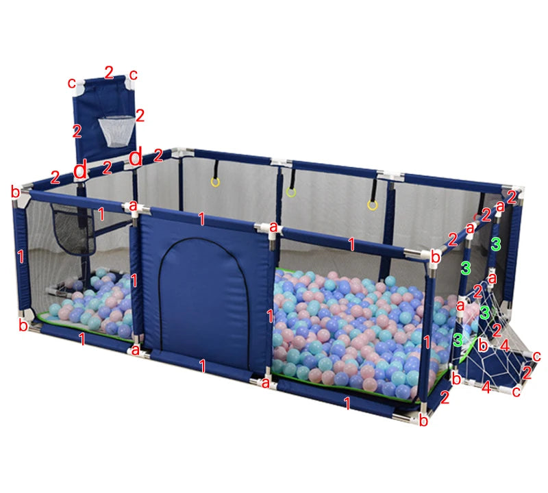Baby playpen with steel pipes and ball box by Nova Mart, showing a safe, colorful play area for infants and toddlers.