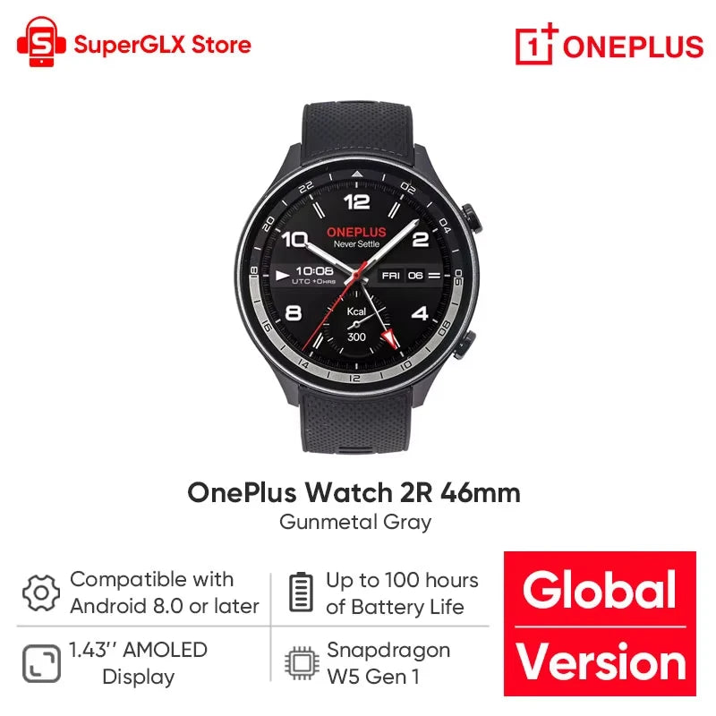 OnePlus Watch 2R smart watch with 1.43-inch AMOLED display, NFC, and 100-hour battery life, shown on a wrist.