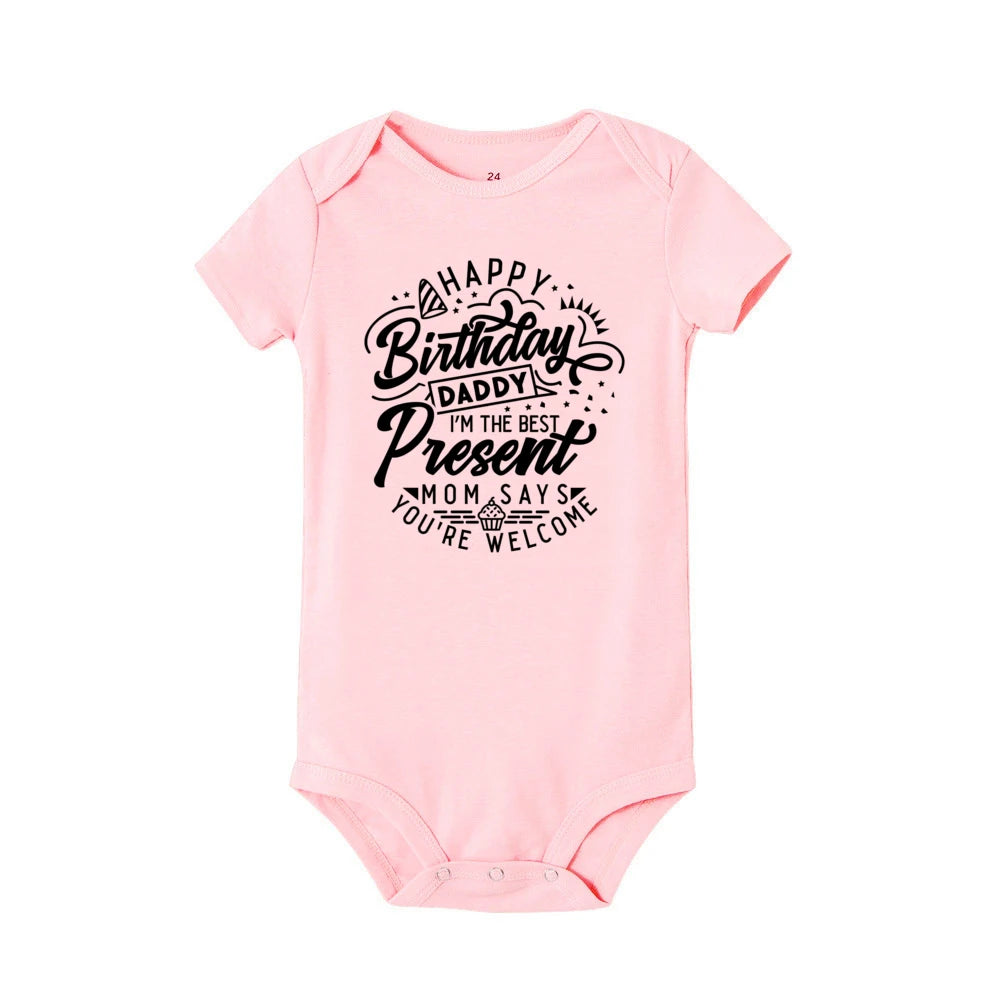 Baby boy's short sleeve birthday bodysuit from Nova Mart featuring a cheerful "Happy Birthday Daddy" print, perfect for summer.