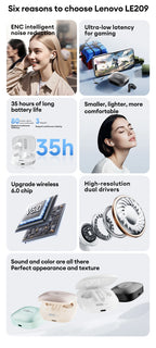 Lenovo LE209 ANC earbuds with 12mm drivers, wireless earphones featuring active noise cancellation and 30-hour battery life.