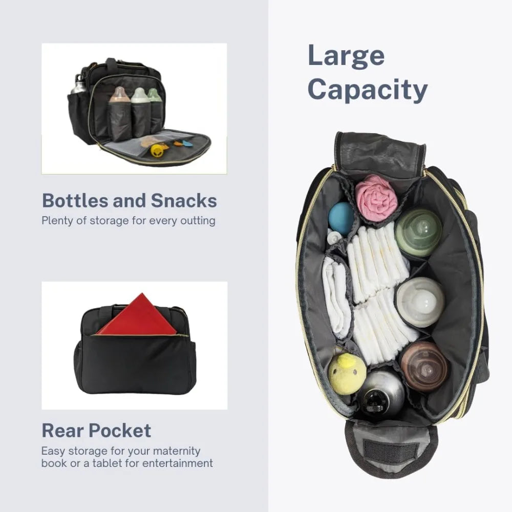 Large capacity Nova Mart baby diaper bag with 18 pockets and thermal pocket, crossbody style, shown with organized interior.