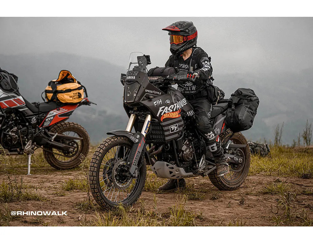 Rhinowalk 100% waterproof motorcycle pannier saddle bags by Nova Mart, shown mounted on a motorcycle for secure storage.