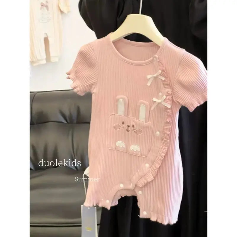 Baby girl summer cartoon romper by Nova Mart, short sleeve climbing jumpsuit with colorful playful design for warm weather.