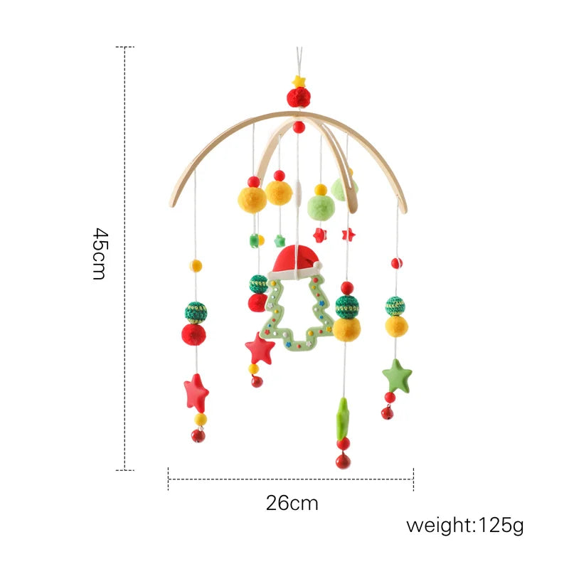 Wooden wind chime baby crib mobile with animal felt dolls and music, designed for infant nursery decor and soothing entertainment.