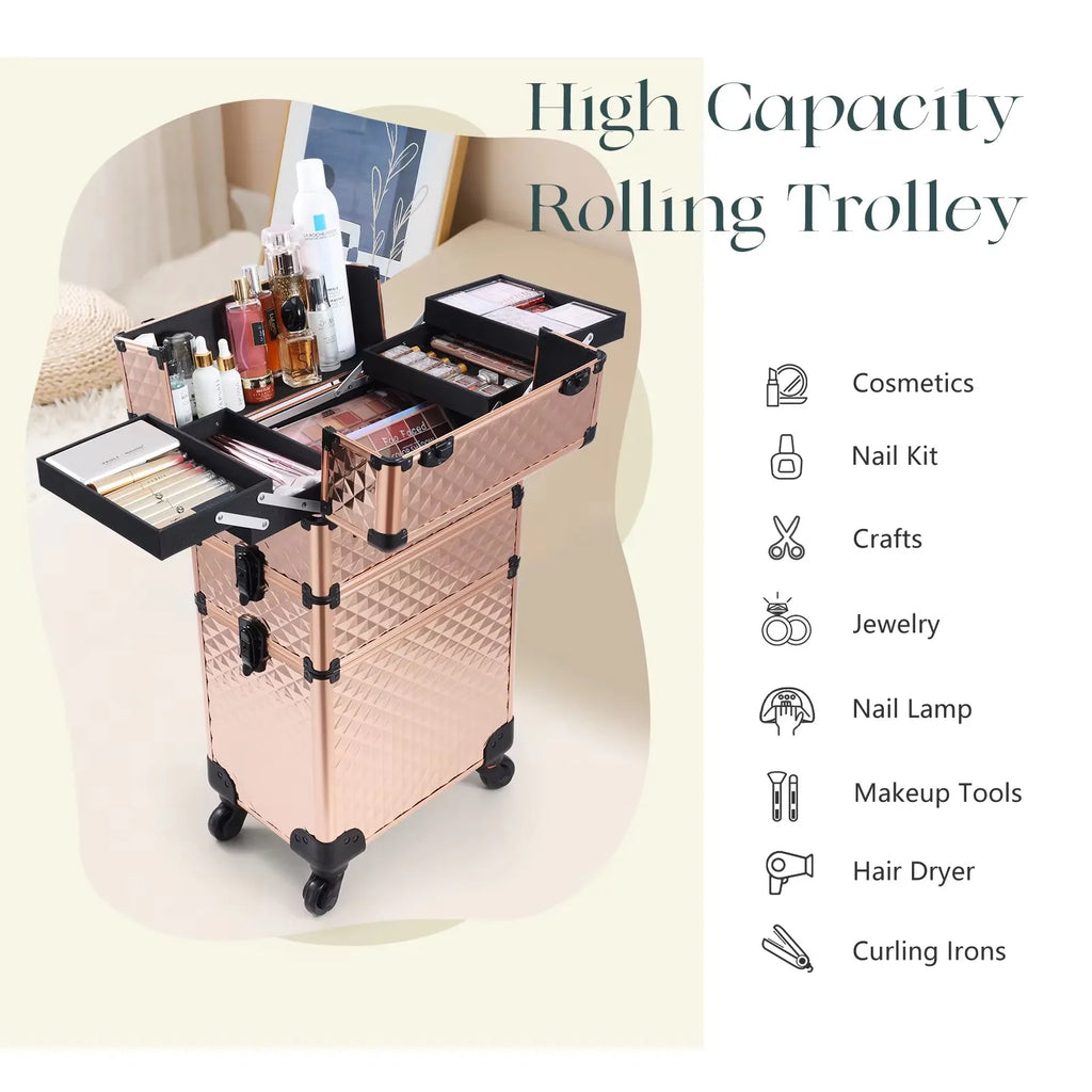Maxulene 3-in-1 rolling makeup trolley case by Nova Mart with multiple compartments and sturdy wheels for salon use.