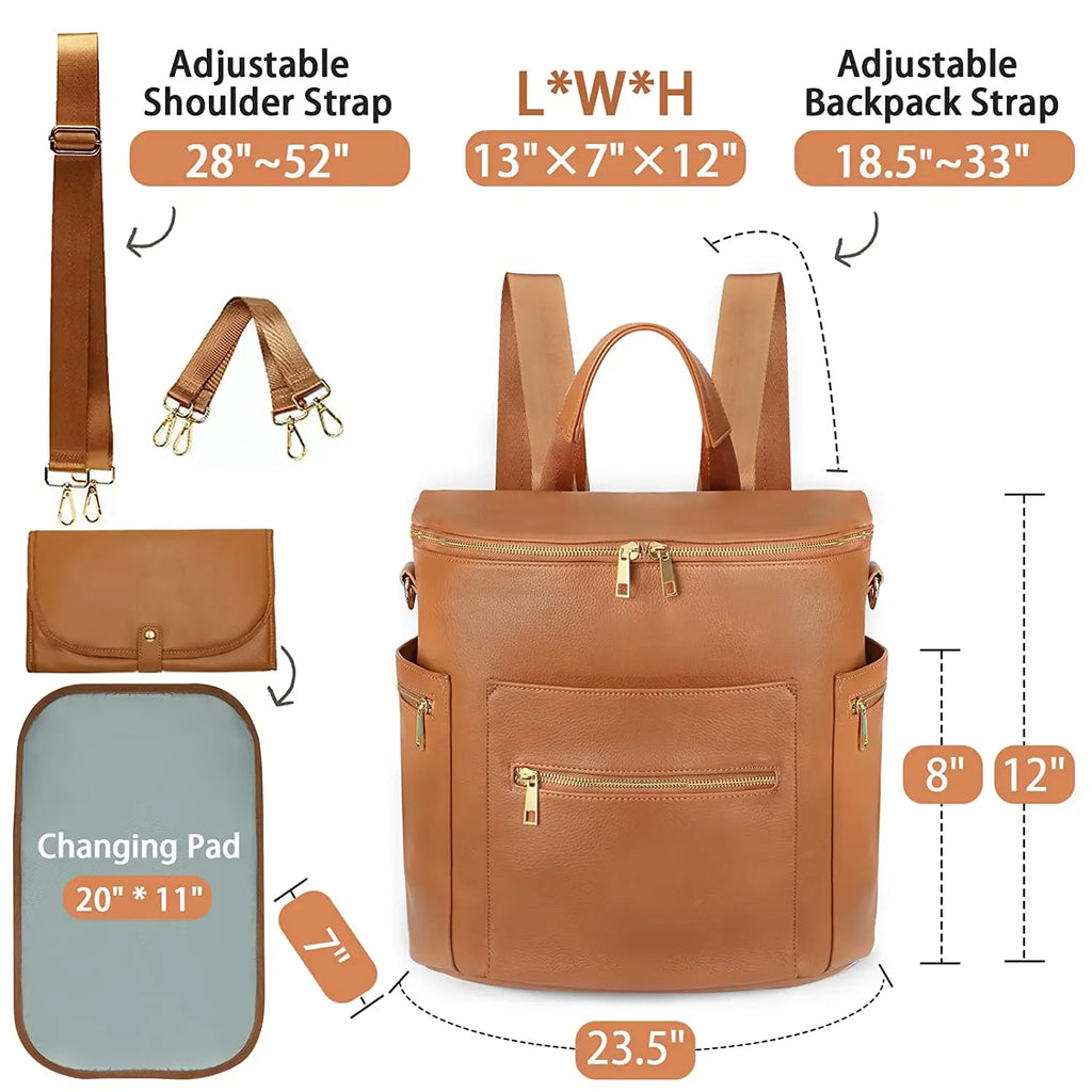 Nova Mart PU leather diaper backpack with changing pad and insulated pockets, designed for moms and baby care.