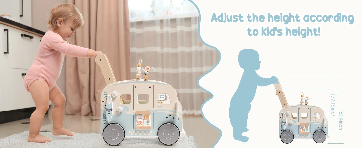 Wooden baby walker with wheels by Nova Mart, designed for boys and girls, featuring a classic robotime style and sturdy construction.