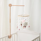 Baby wooden crib mobile with cloud-shaped hanging rattle toy and bracket, designed for nursery decor and infant entertainment.