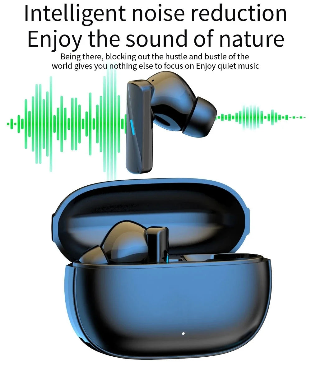 Nova Mart TWS ANC earbuds with HiFi stereo sound, touch controls, and 30-hour battery life, shown in black with charging case.