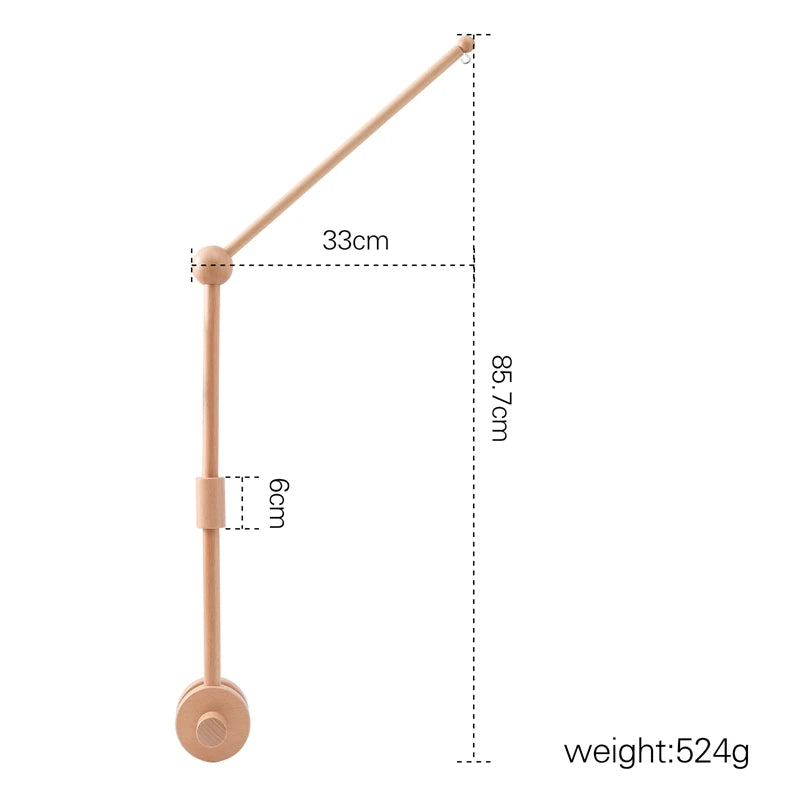 Wooden baby crib rattle toy with crochet bed bell bracket for infants 0-12 months, featuring colorful natural wood and soft fabric details.