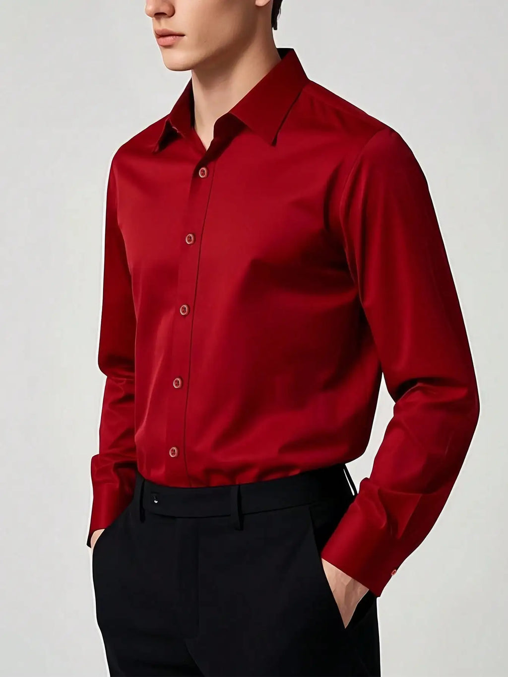 Men's red formal dress shirt with long sleeves by Nova Mart, shown in a close-up image highlighting the fabric and collar details.