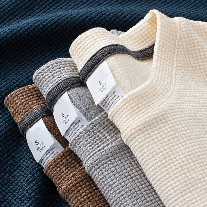 Unisex waffle knit T-shirt in solid color, casual loose fit, men's fashion by Nova Mart, shown in a relaxed style.