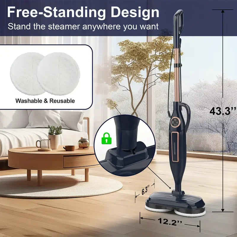 Nova Mart 10-in-1 steam mop cleaner with 1300W power and rotating pad for efficient floor cleaning.