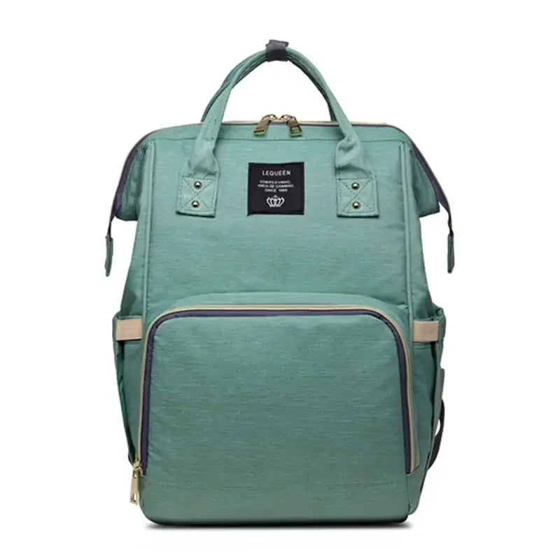 Large capacity Lequeen mummy diaper bag backpack by Nova Mart, designed for travel, with multiple compartments and adjustable straps.