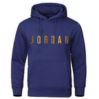 Men's navy hooded sportswear hoodie made of knit polyester, casual pullover with front pocket and adjustable drawstrings.