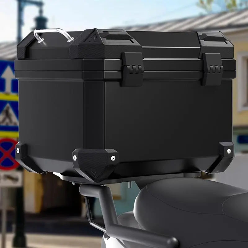 Waterproof Nova Mart motorcycle top case with anti-theft lock, designed as a universal motorcycle trunk accessory.
