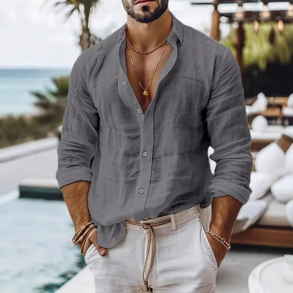 Men's breathable cotton linen shirt in beach style, displayed on a model, perfect for summer casual wear by Nova Mart.