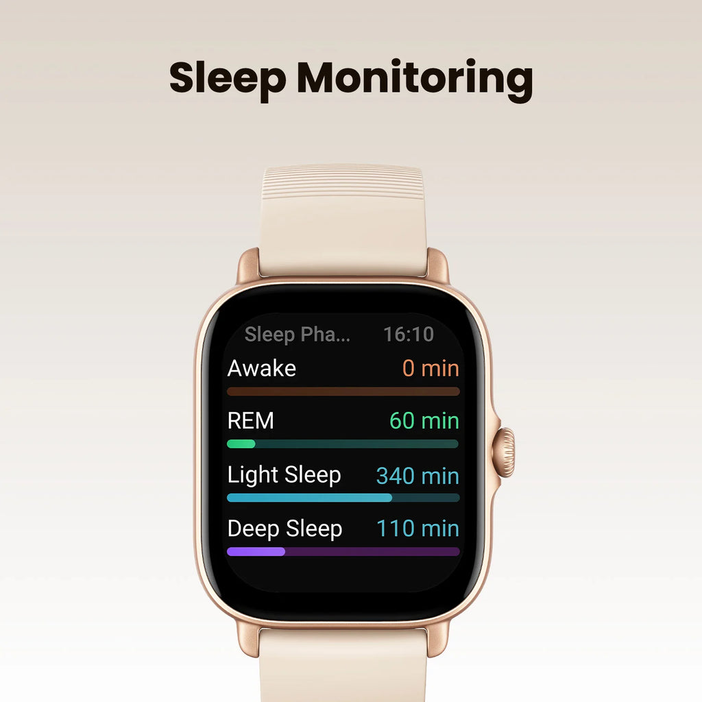 Amazfit GTS 4 Mini smart watch by Nova Mart displaying a sleek black watch face with health and sports tracking features.