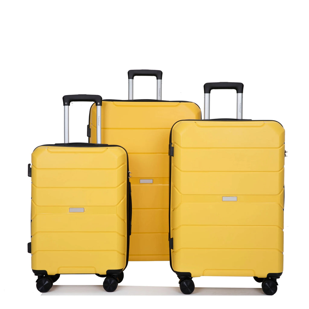 Travelhouse 3-piece PP hardshell luggage set with TSA locks from Nova Mart, featuring durable suitcases with secure locking mechanisms.