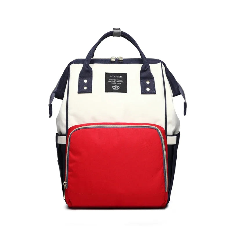 Large capacity Lequeen mummy diaper bag backpack by Nova Mart, showing multiple compartments and adjustable straps for travel.
