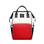 Large capacity Lequeen mummy diaper bag backpack by Nova Mart, showing multiple compartments and adjustable straps for travel.