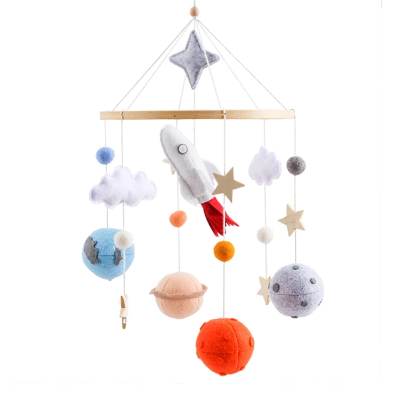 Wooden baby crib mobile with felt animal dolls and music, designed as a baby toy by Nova Mart for soothing entertainment.