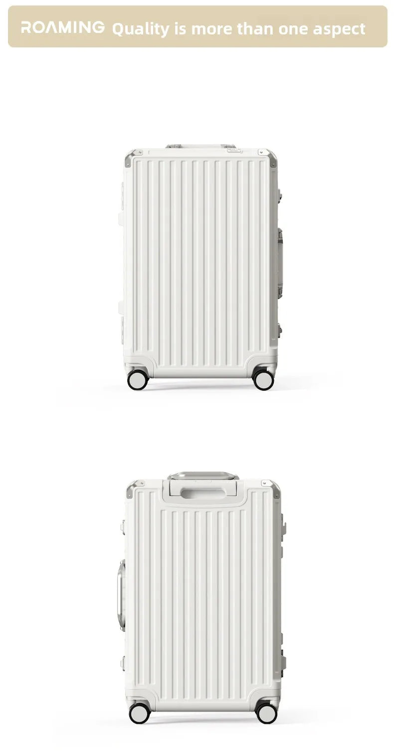 Nova Mart aluminum frame hardcase luggage with universal wheels, durable travel suitcase with secure handle and sleek design