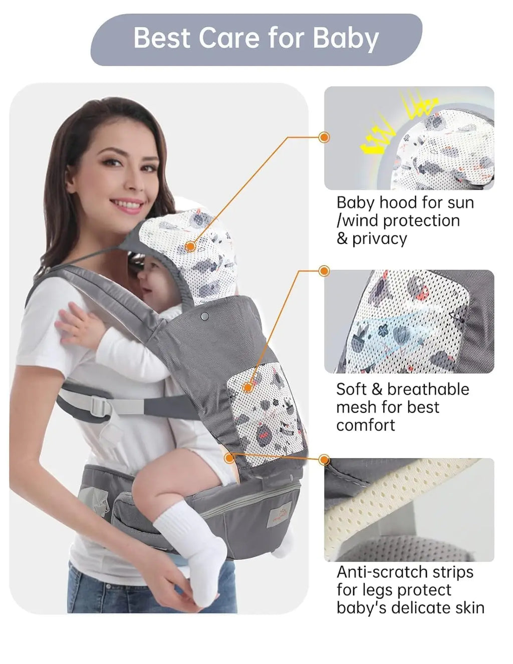 Nova Mart baby carrier for newborn to toddler with hood, all seasons, shown in a soft fabric with adjustable straps and ergonomic design.
