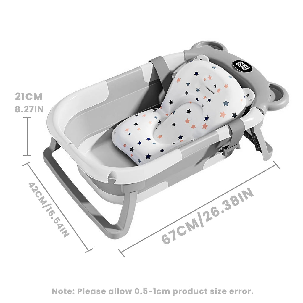 Collapsible baby bathtub with built-in thermometer and floating cushion, designed for safe and comfortable infant bathing by Nova Mart.