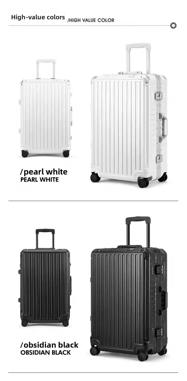 Aluminum frame Nova Mart hardcase luggage with universal wheels, lightweight and durable travel baggage with sturdy handle.