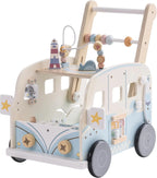 Wooden baby walker with wheels by Nova Mart, designed for boys and girls, featuring a sturdy, educational toy for early walking development.