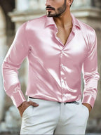 Men's solid satin casual shirt with long sleeves from Nova Mart, featuring a smooth, shiny fabric and classic fit.