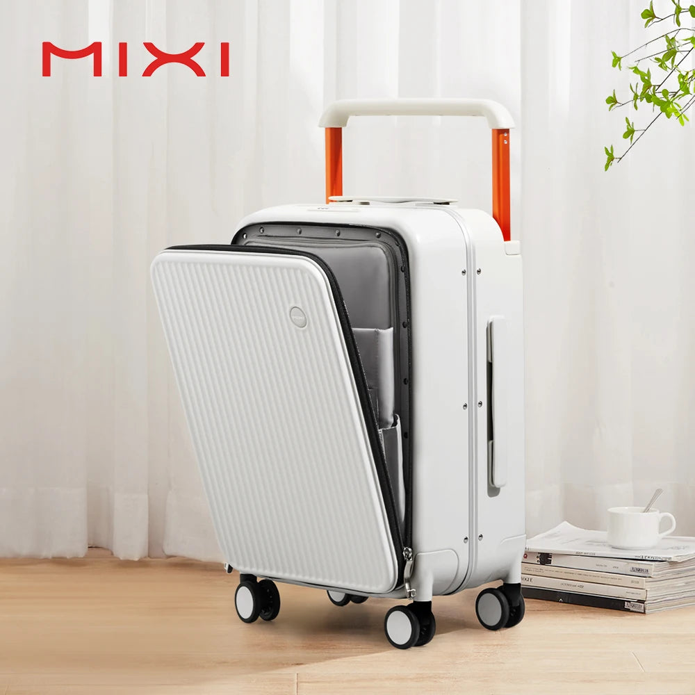 Nova Mart Mixi PC aluminum frame trolley case with laptop pocket, black luggage with sturdy handle and wheels for easy travel.