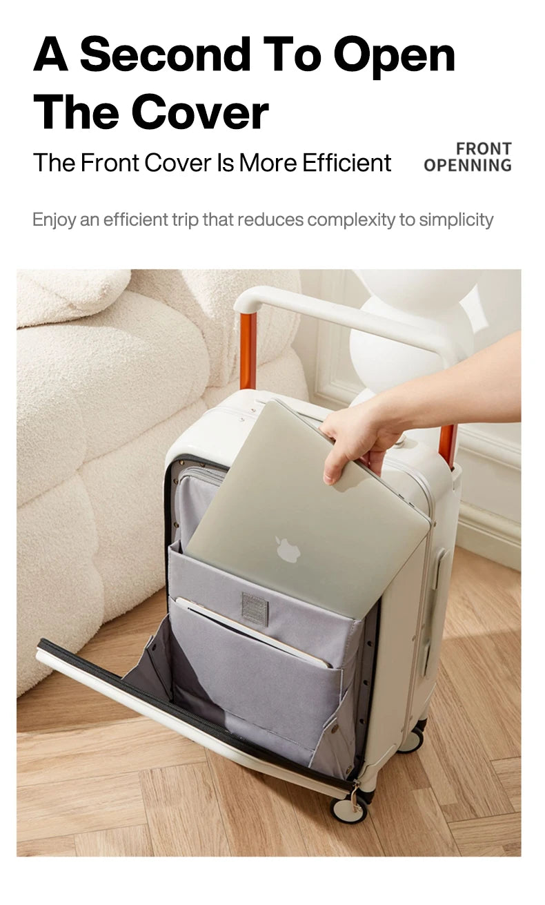 Nova Mart Mixi PC aluminum frame trolley case with laptop pocket, durable luggage with sleek design and sturdy wheels.