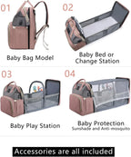 Pink Nova Mart diaper backpack with changing station, featuring multiple compartments and comfortable straps for moms.