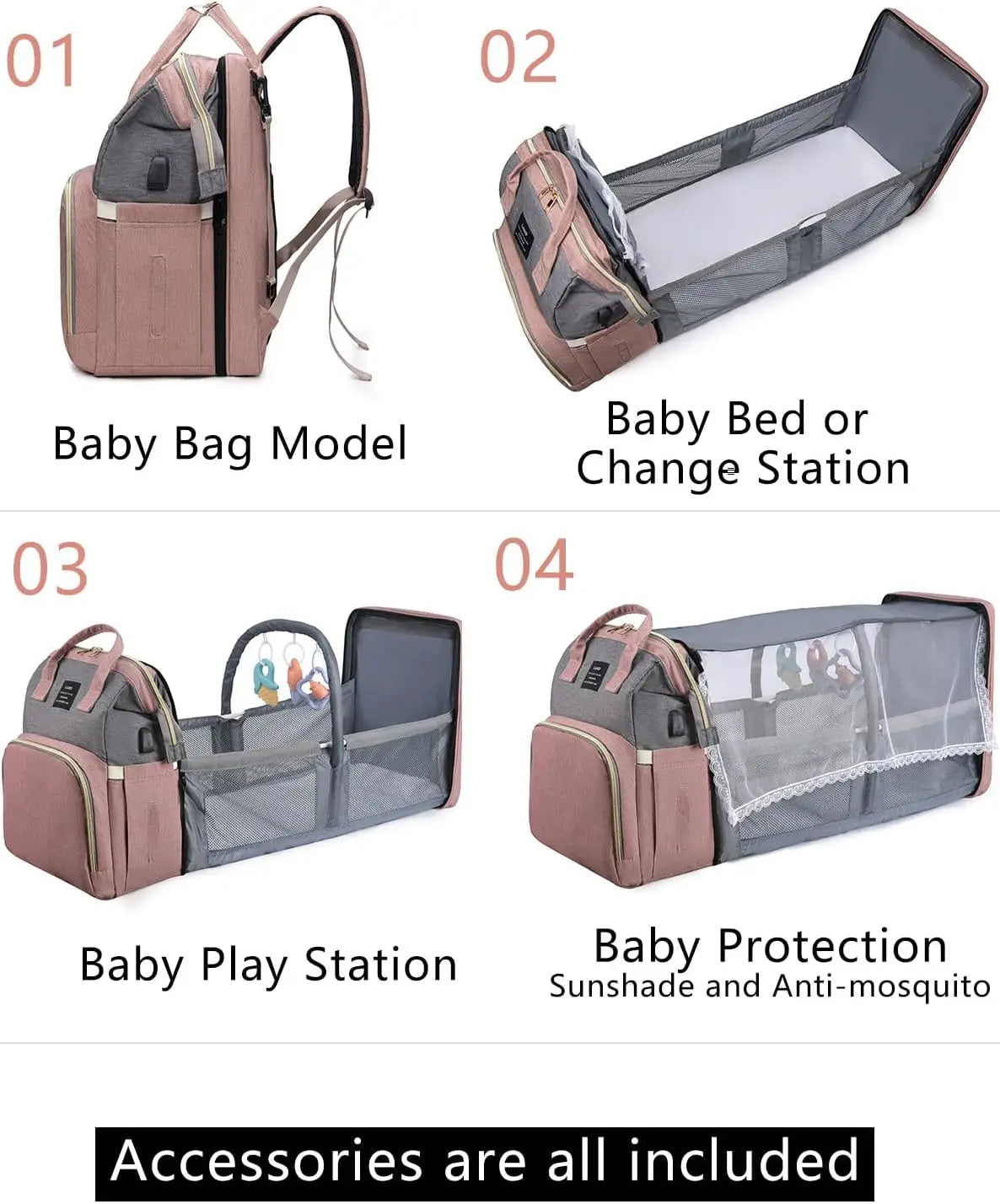 Pink Nova Mart diaper backpack with changing station, featuring multiple compartments and comfortable straps for moms.