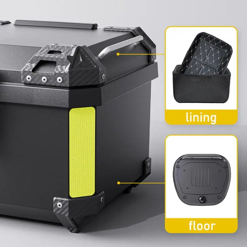 Waterproof Nova Mart motorcycle top case with anti-theft lock, designed as a universal motorcycle trunk accessory.