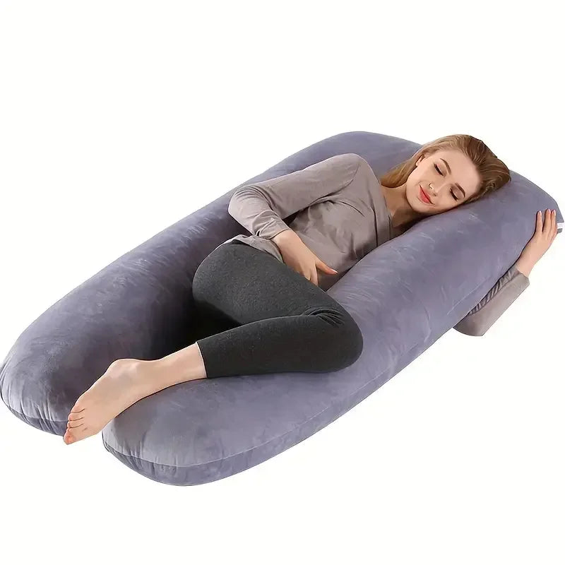 U-shaped maternity body pillow with removable cover by Nova Mart, designed for side sleepers and pregnant women.