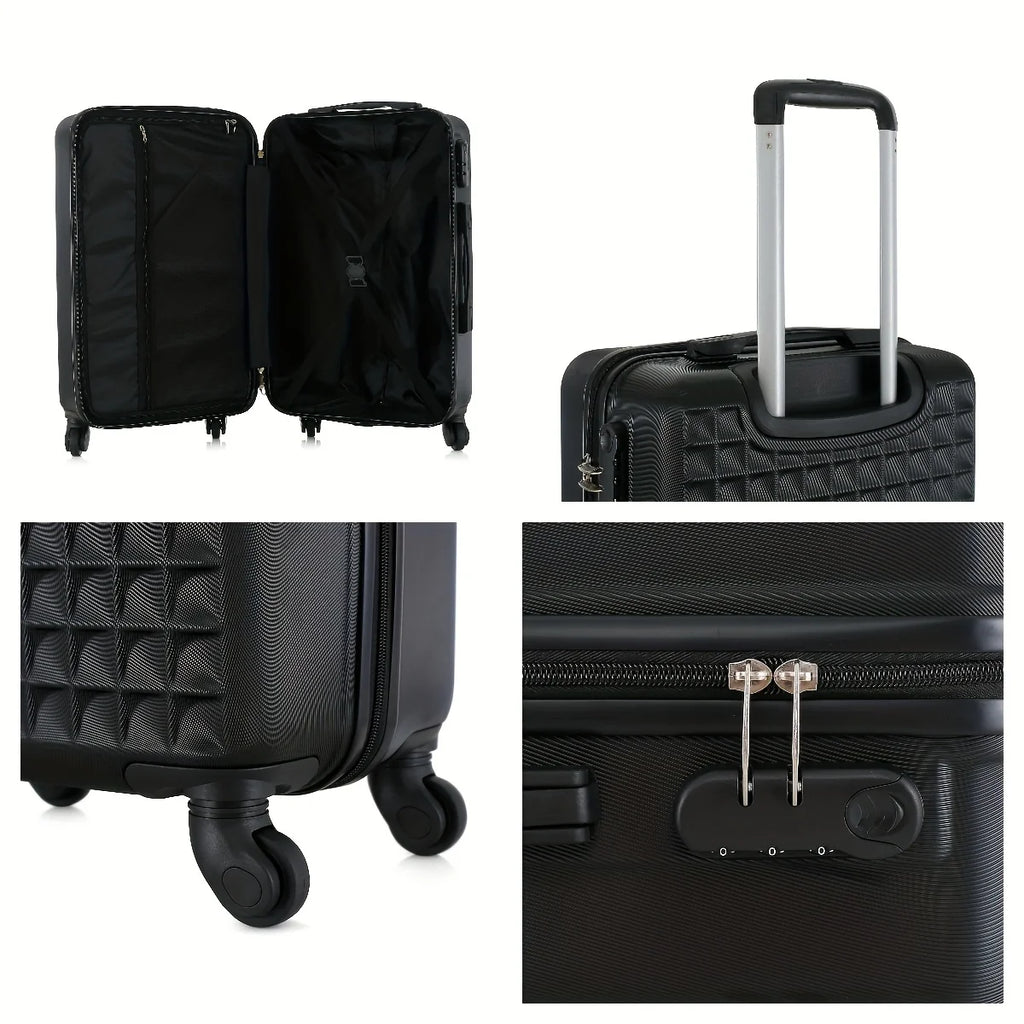 Four-piece Nova Mart ABS hardside luggage set with matching cosmetic case, featuring sleek design and sturdy handles.