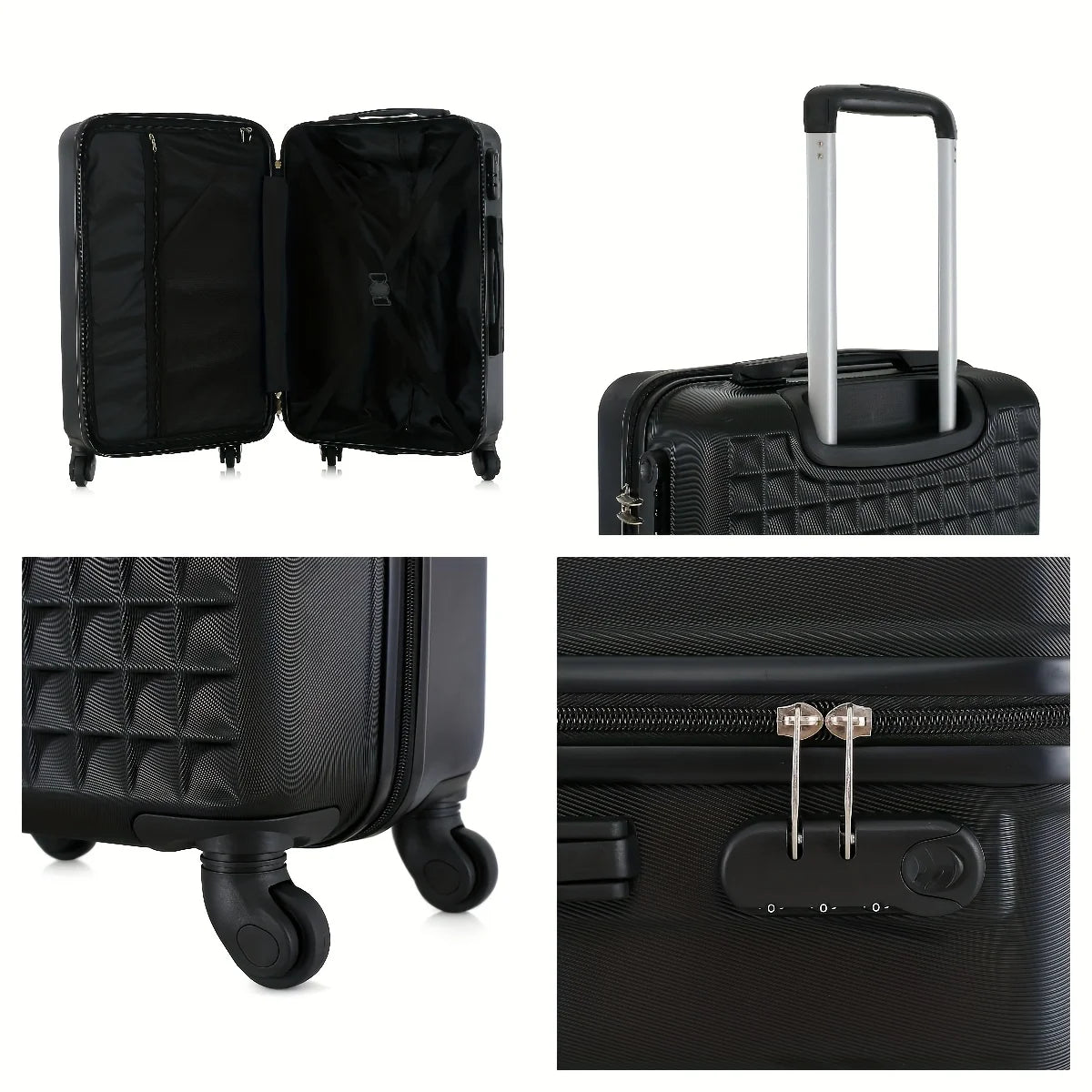 Four-piece Nova Mart ABS hardside luggage set with matching cosmetic case, featuring sleek design and sturdy handles.