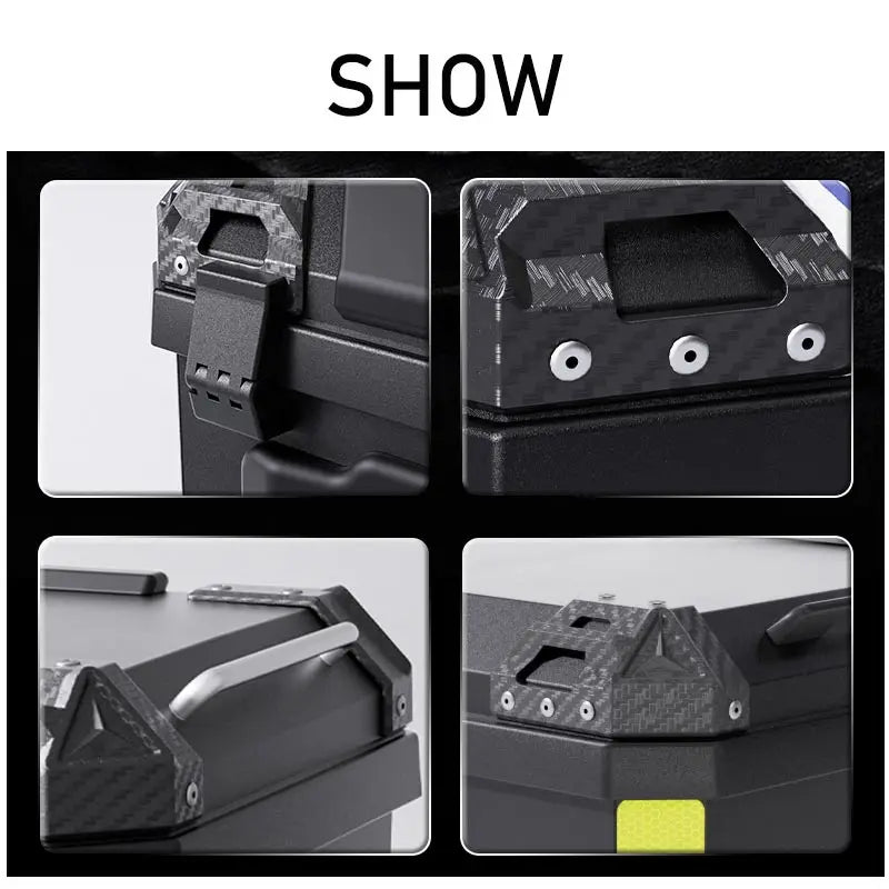 Waterproof motorcycle top case with anti-theft lock, Nova Mart universal motorcycle accessory for secure storage.