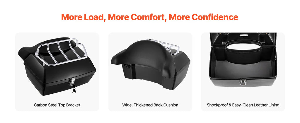 SucceBuy 48L motorcycle top case with backrest and lock, Nova Mart motorcycle accessory, mounted on a motorcycle for storage.