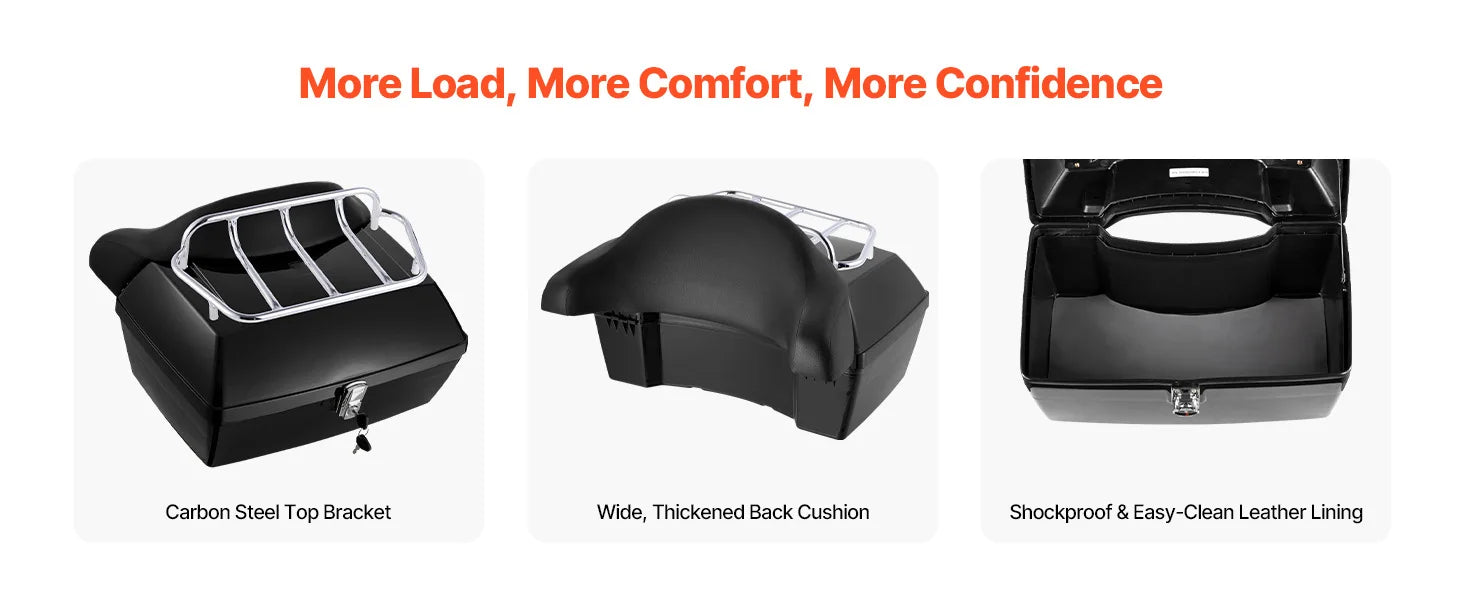SucceBuy 48L motorcycle top case with backrest and lock, Nova Mart motorcycle accessory, mounted on a motorcycle for storage.