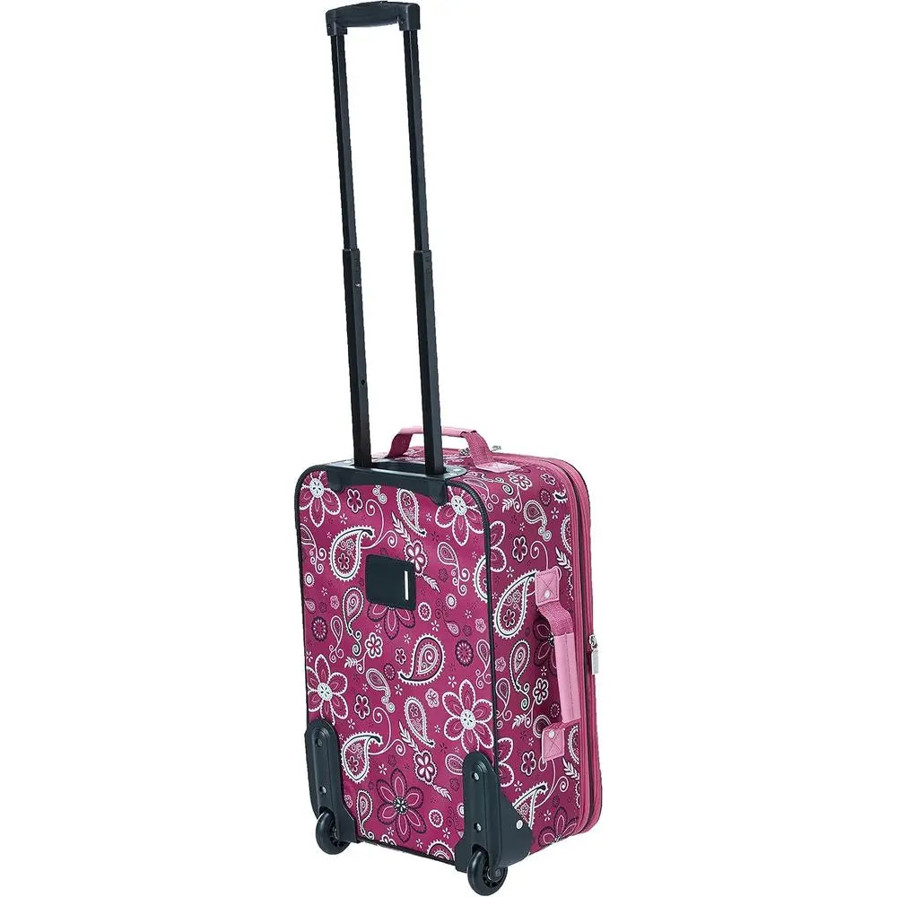 Pink Nova Mart expandable 2-piece luggage set with wheels and handle, includes 14-inch and 19-inch upright suitcases.