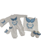 White and blue embroidered newborn angel wings outfit set for baby, featuring soft, cozy baby clothing from Nova Mart.