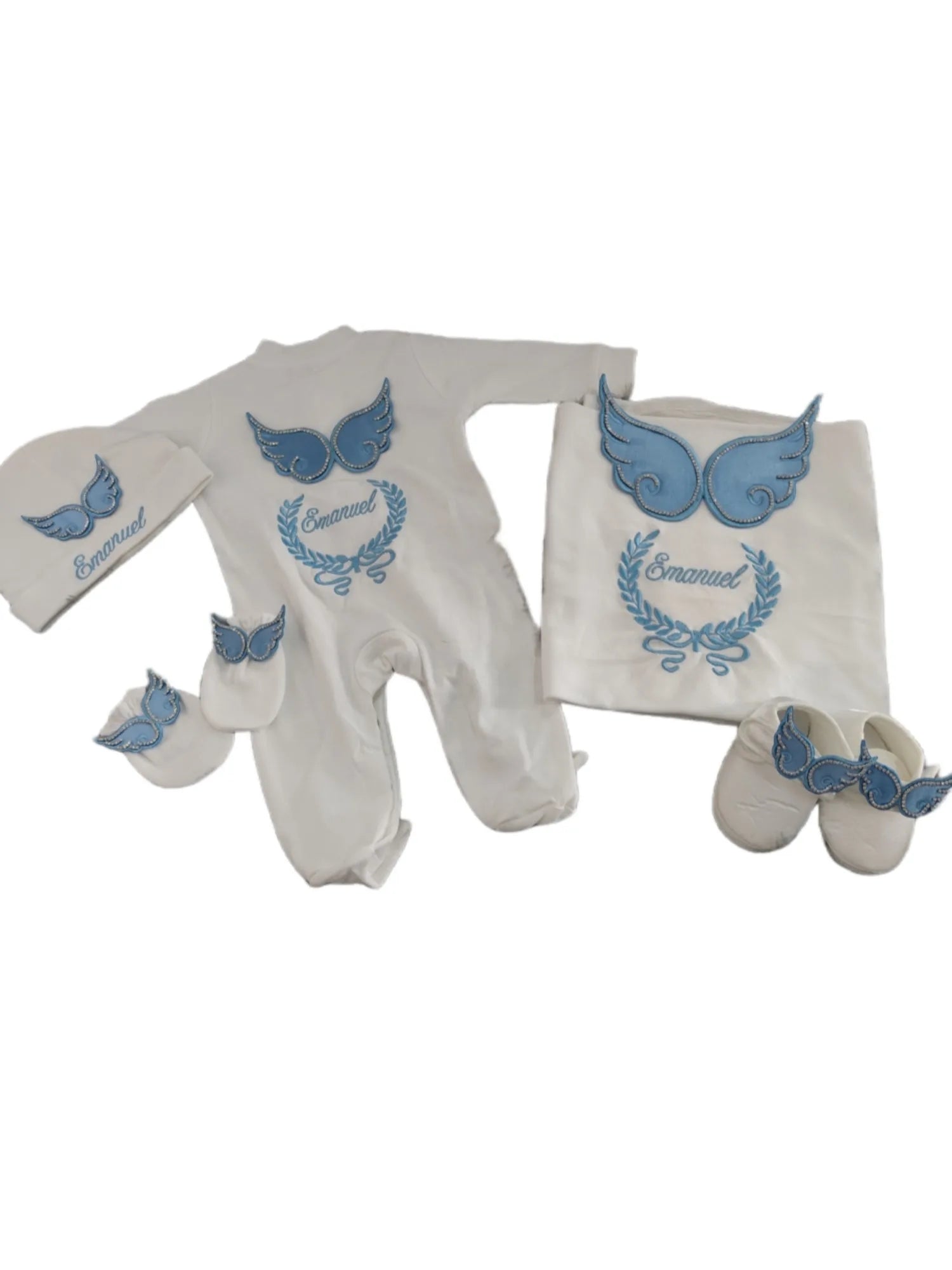 White and blue embroidered newborn angel wings outfit set for baby, featuring soft, cozy baby clothing from Nova Mart.
